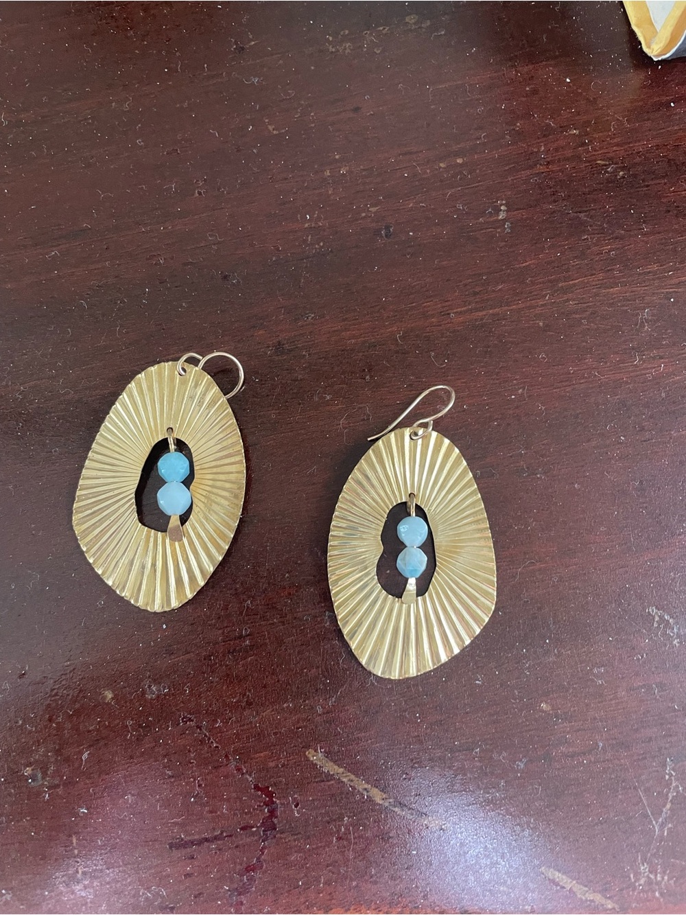 Gold-Tone Oval Drop Earrings with Light Blue Beads